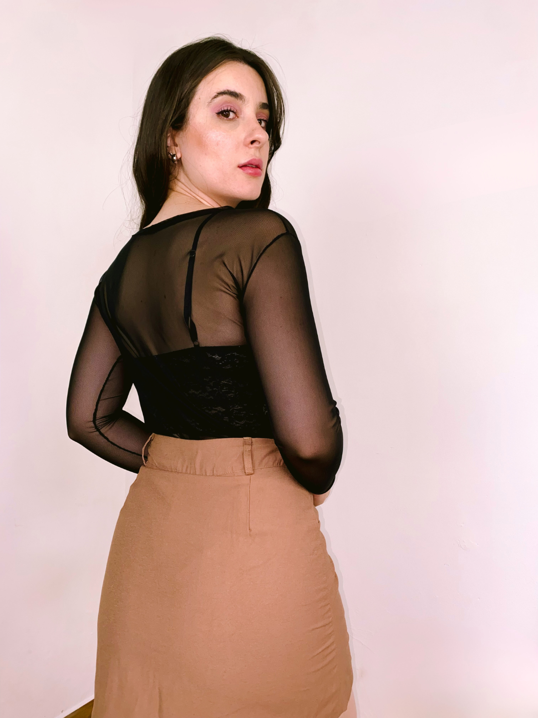 Body Tule Manga Longa Marrom