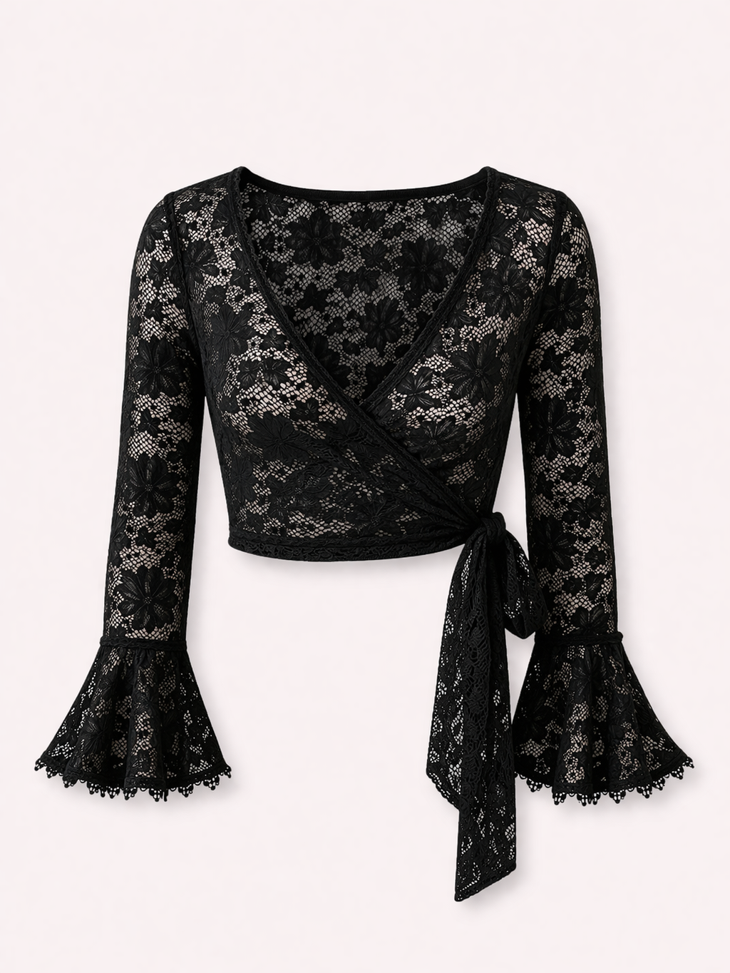 Blusa Transpassada Renda Manga Flare Preta
