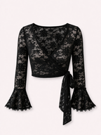 Blusa Transpassada Renda Manga Flare Preta