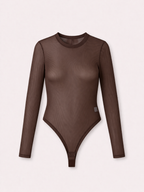 Body Tule Manga Longa Marrom